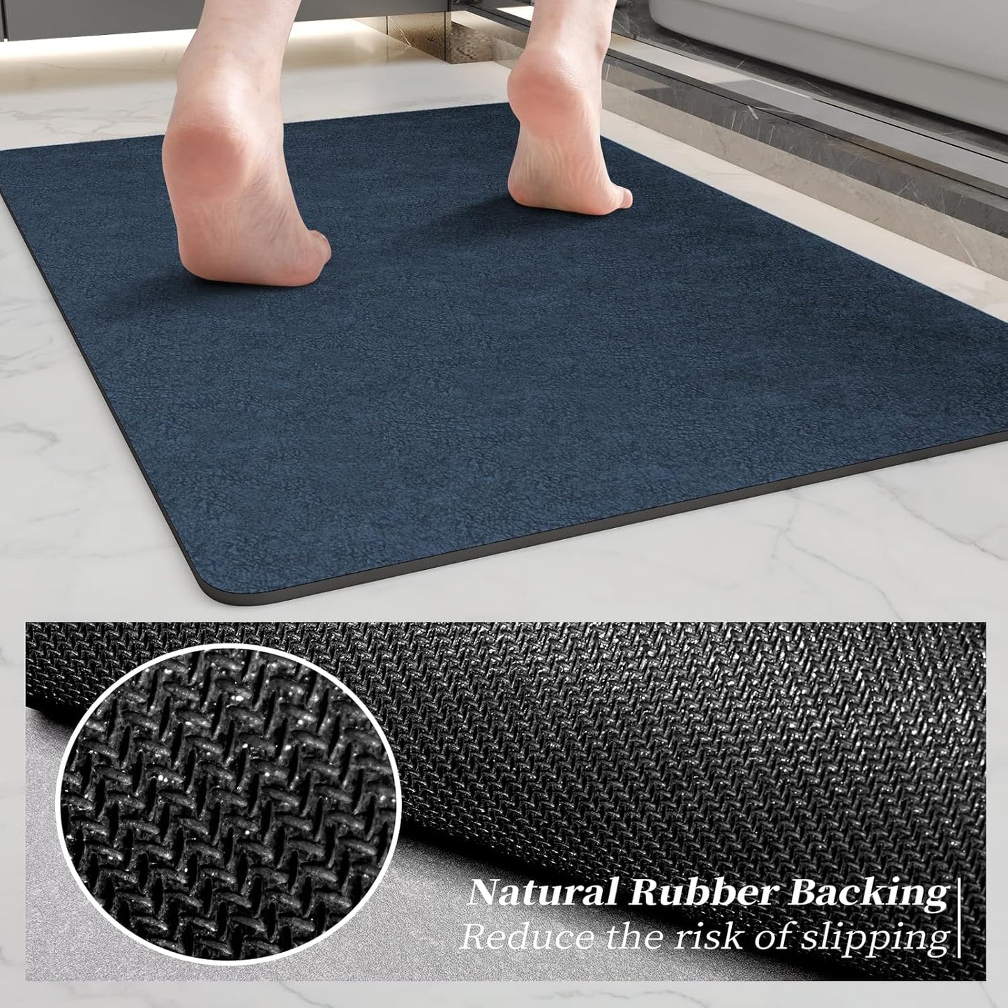 Bath Mat Rugs 24x17 - Diatomaceous Earth Bath Mat Quick Dry Absorbing Bathroom Rugs Rubber Non Slip Thin Bathroom Mat Fit Under Door, Bath Mats for Bathroom Floor,Tub and Shower,Sink, Navy Blue