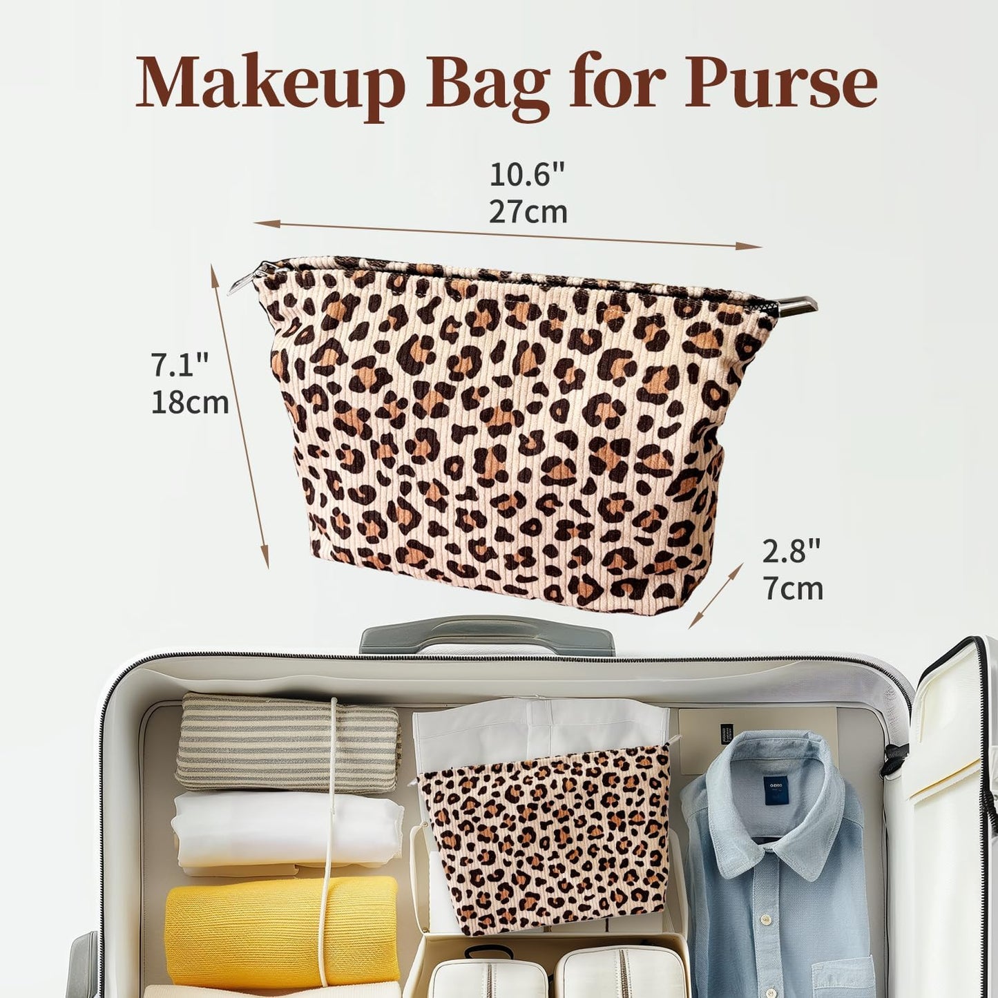 Leopard Print Corduroy Makeup Bag for Women – Soft Cosmetic Travel Pouch with Zipper Closure, Large Toiletry Organizer with Lining, Stylish Animal Print Makeup Case for Purse or Travel