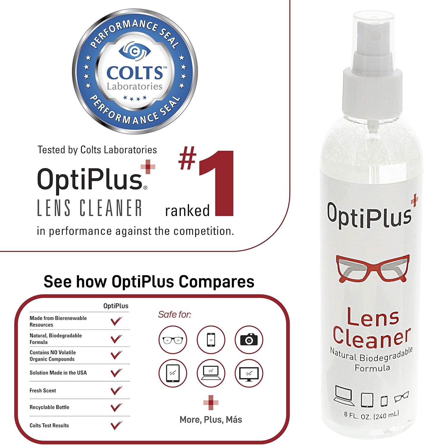 OptiPlus 16oz All Natural Lens and Screen Cleaning Pack, Lens Wipes, Microfiber Cloth and 16 x 16 Microfiber Terry Towel 3 Pack (Grey)