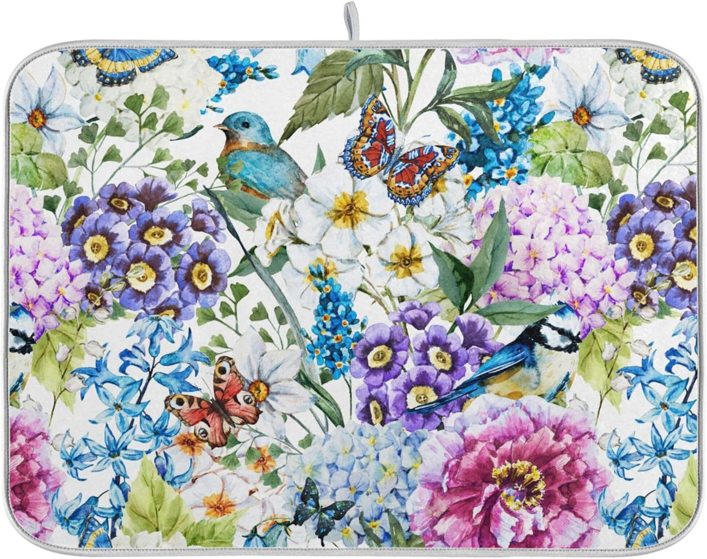 Floral Birds Dish Drying Mat for Kitchen Spring Globe Daisy Butterfly Flowers Microfiber Drying Mats Absorbent Reversible Dish Pad Medium Dish Draining Mat 16x18 inch