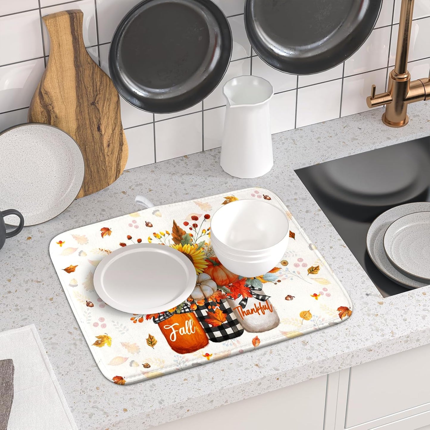 Autumn Pumpkin Dish Drying Mat 16x18 Inch Sunflower Flower Vase Washable Draining Mat with Hanging Loop Seasonal Holiday Home Decoration