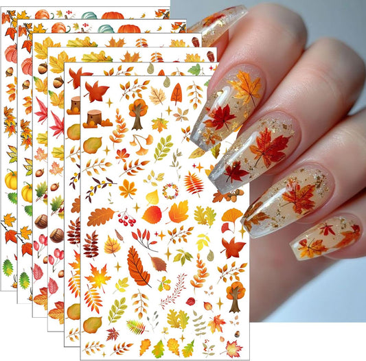 6Pcs Fall Nail Stickers for Nails Art - Cute Pumpkin Nail Decals Yellow Fallen Leaves for Nails Autumn Maple Leaf Theme Thanksgiving Nail Design Adhesive Sticker Sliders for Women Nail Art Decorations