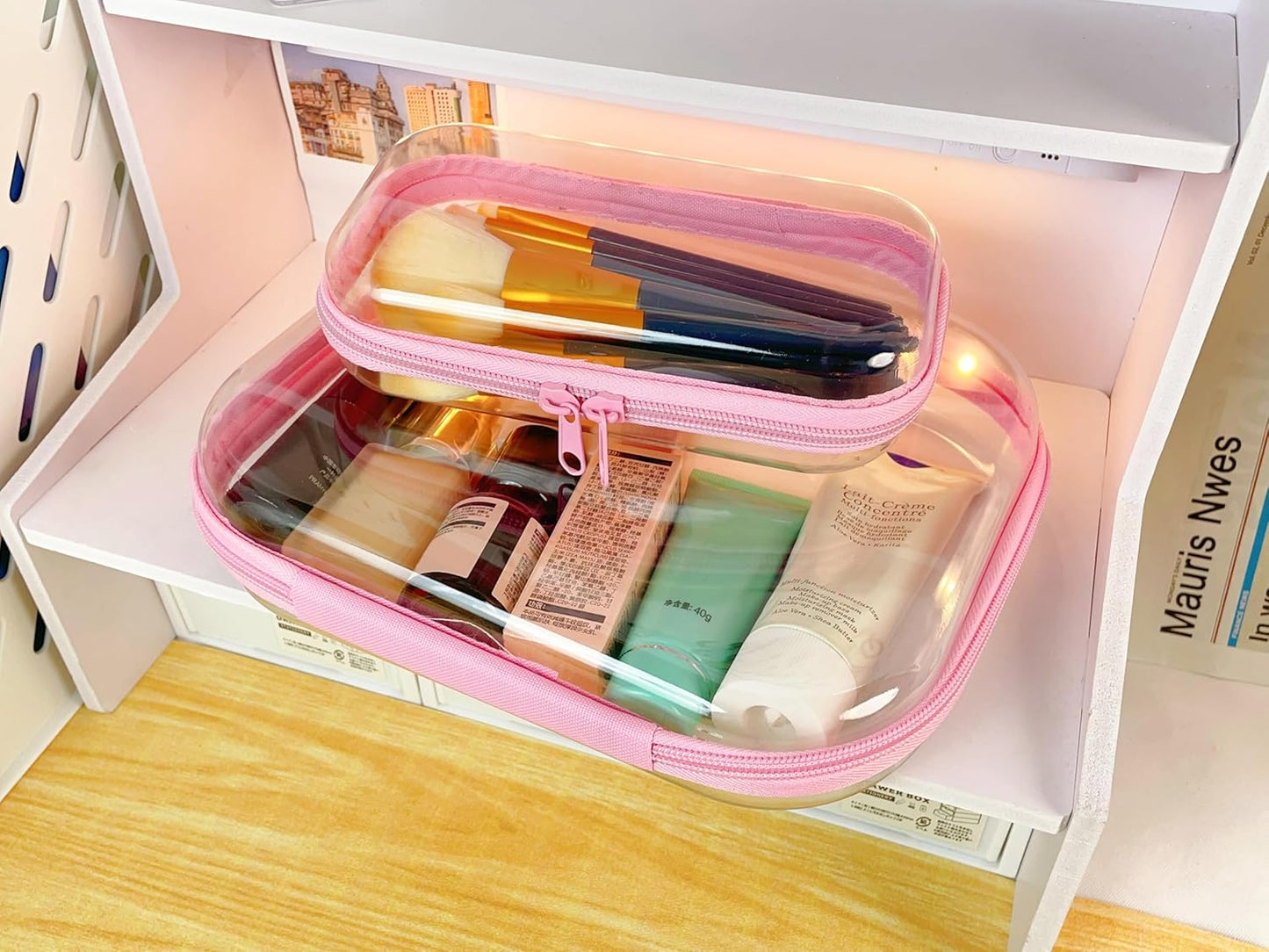 3PCS Clear Zipper Cases, Portable Clear Organizer Pouches for Travel, Double Zippered Hard Shell Plastic Case, Cosmetic Bag for Make Up Tools, Toiletries, Toy Storage (Pink, 2 Pack)