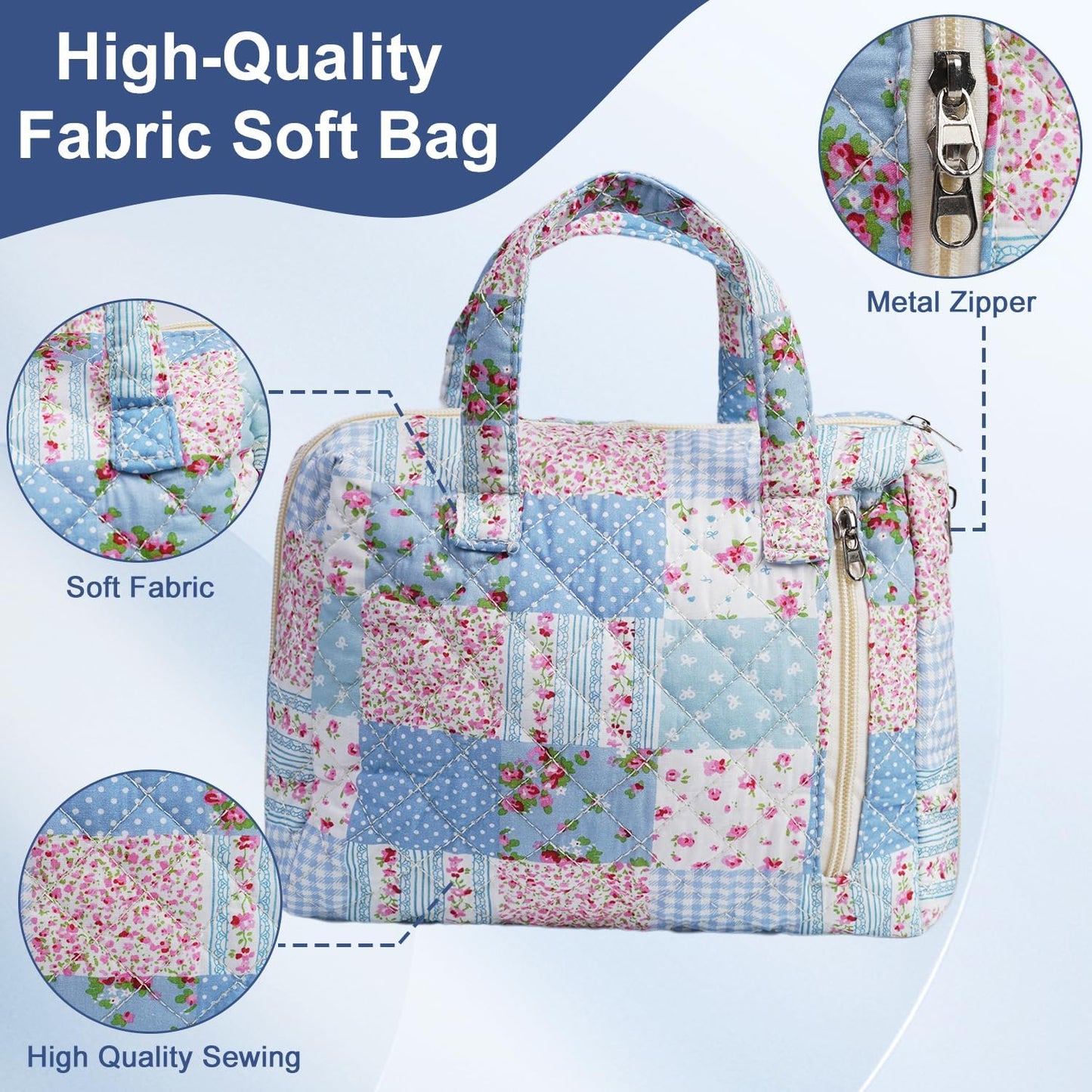 Cute Quilted Floral Makeup Bag(2Pcs)，Coquette Aesthetic Cosmetic Bag，Travel Toiletry Bags， Kawaii Aesthetic pouch for Women (15-GridRose)