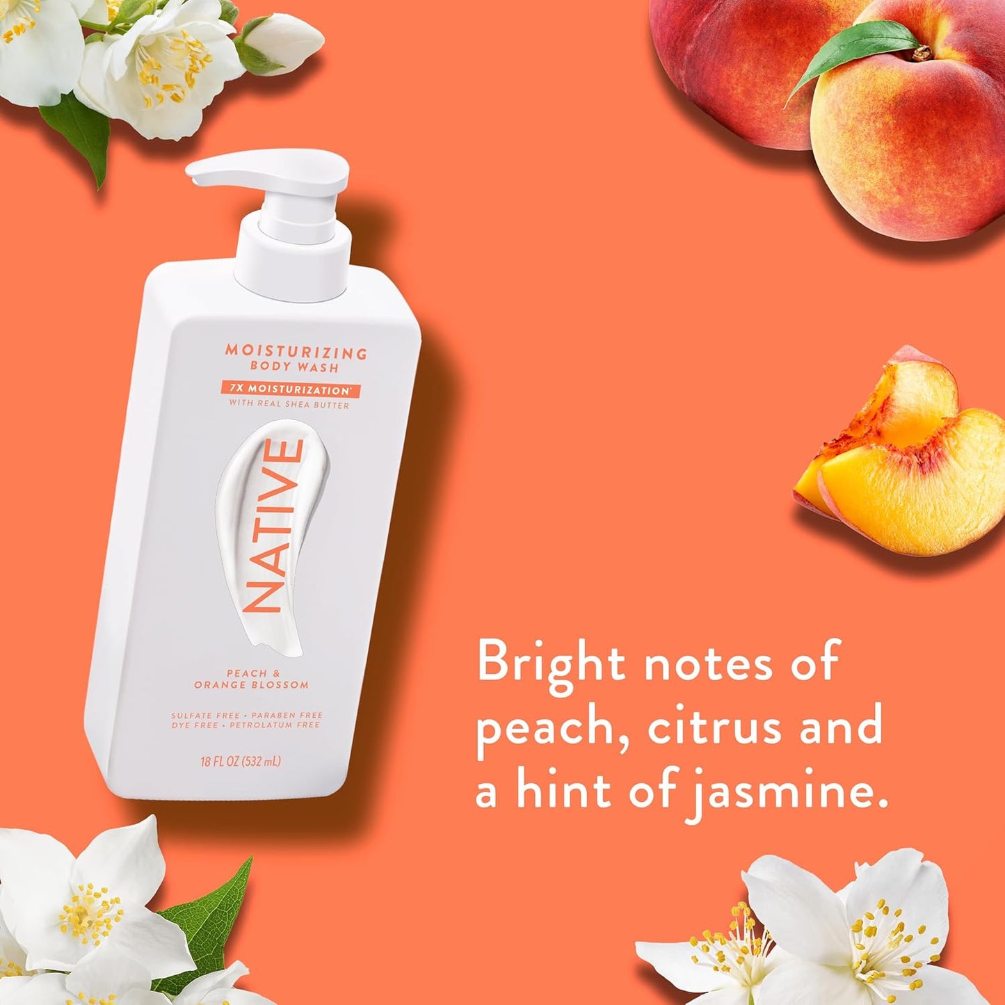 Native Moisturizing Body Wash Contains Naturally Derived Ingredients | For Women & Men, Sulfate, Dye, & Paraben Free Leaving Skin Soft and Hydrated | Peach & Orange Blossom 18 oz