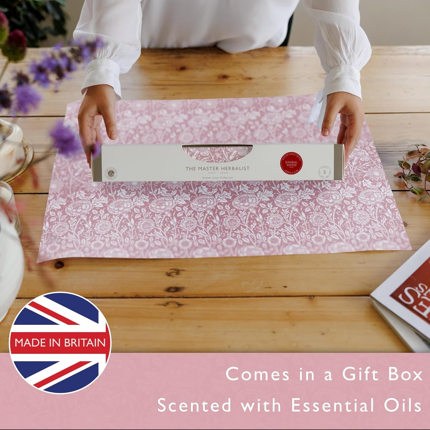 Rose Scented Drawer Liners in a Pink William Morris Design. Contains Rose Essential Oil | Pack of 5 Folded Sheets | Contains Essential Oils | Made in The UK.