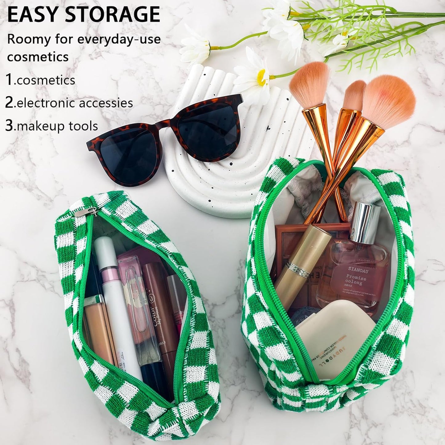 2Pcs Checkered Pencil Case Cute Pencil Pouch for Teens Checkered Makeup Bag Travel Cosmetic Bag Set Cute Makeup Pouch for Purse Portable Zippered Skincare Bags Preppy Toiletry Bags Organizer(Green)