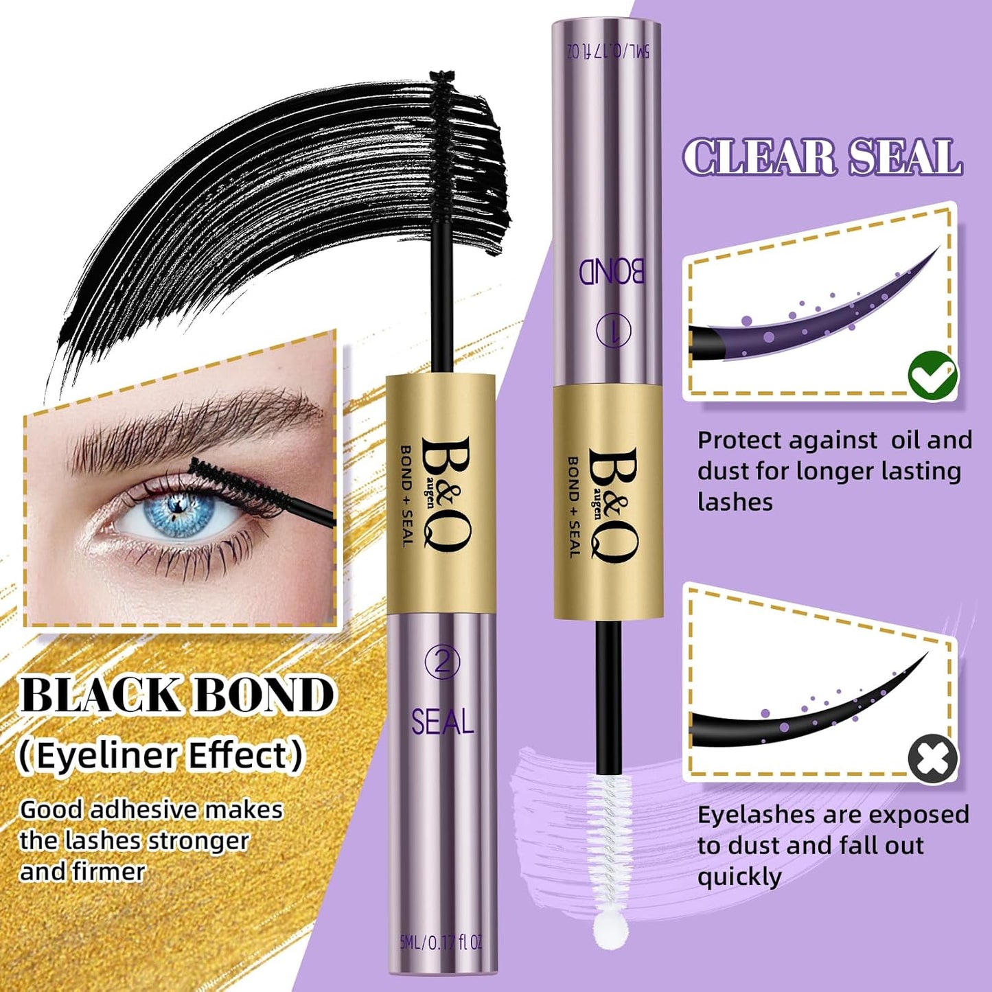 B&Q Lash Cluster Glue 10ml, Waterproof Bond and Seal Lash Glue, Long Lasting cluster lash glue, 2 in 1 Eyelash glue for Clusters Use Strong Hold 48h (Bond & Seal)