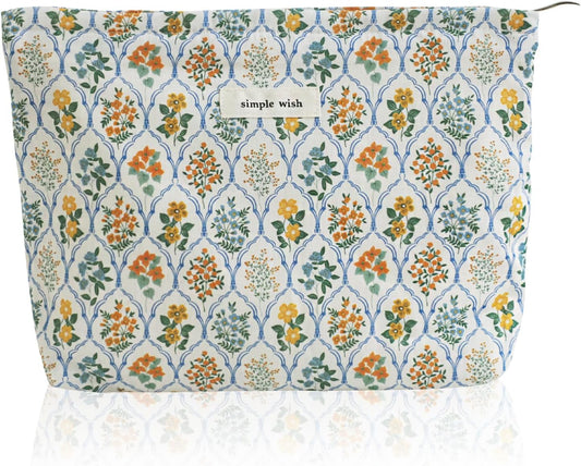 Wudygirl Cute Makeup Bag for Women - Travel Cosmetic Bag with Zipper Makeup Pouch Floral Make up Organizer Handbag Aesthetic (Blue Striped Floral)