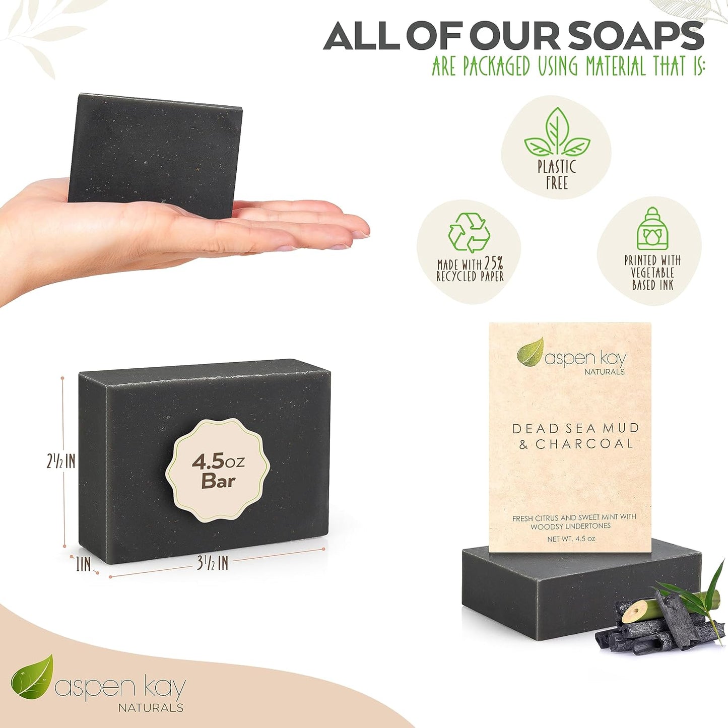 Aspen Kay Naturals Dead Sea Mud and Charcoal Soap Bar. With Organic Shea Butter & Pure Essential Oils. Charcoal Face Wash for Men, Women & Teens. (6 pack)
