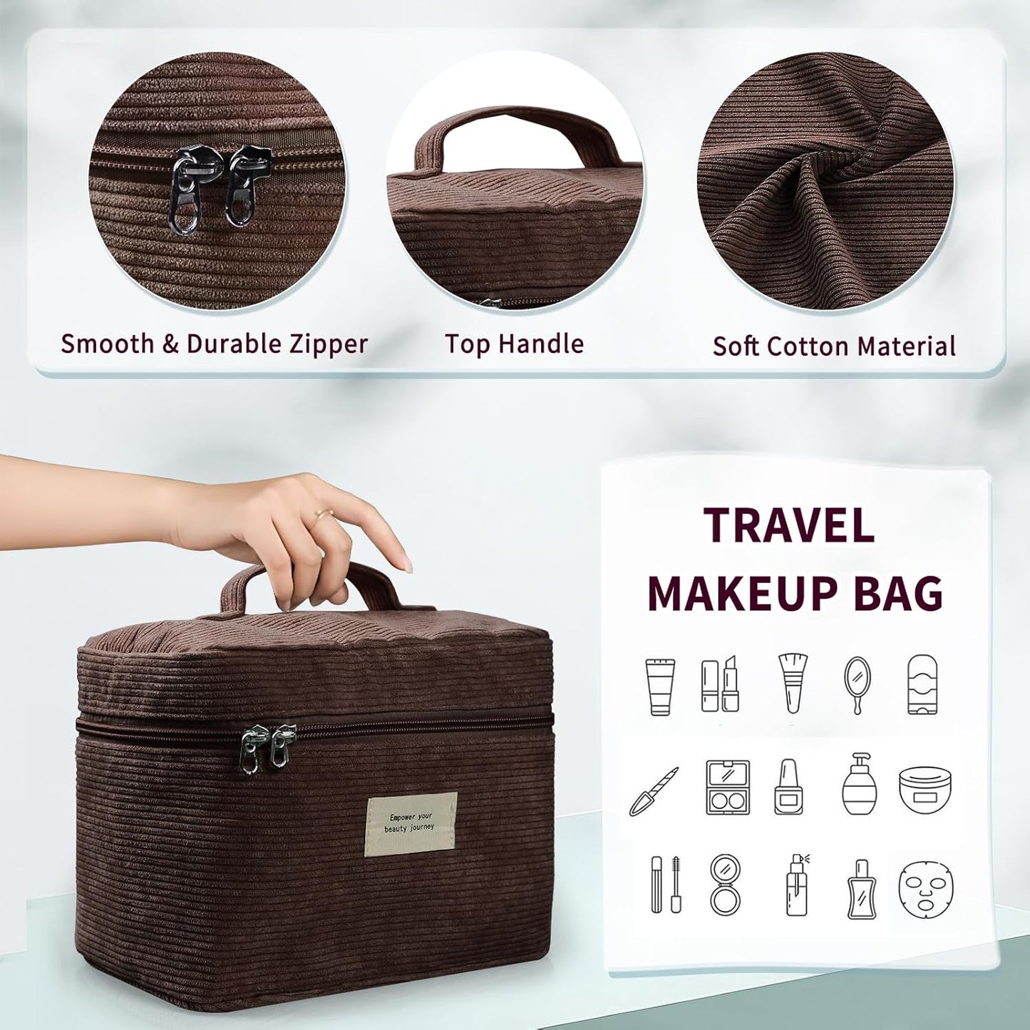 4 Pcs Makeup Bag for Women Corduroy Cosmetic Bag Aesthetic Cute Bags Multi Size Purse Pouch Travel Toiletry Bag Set Makeup Organizer with Zipper(Brown)
