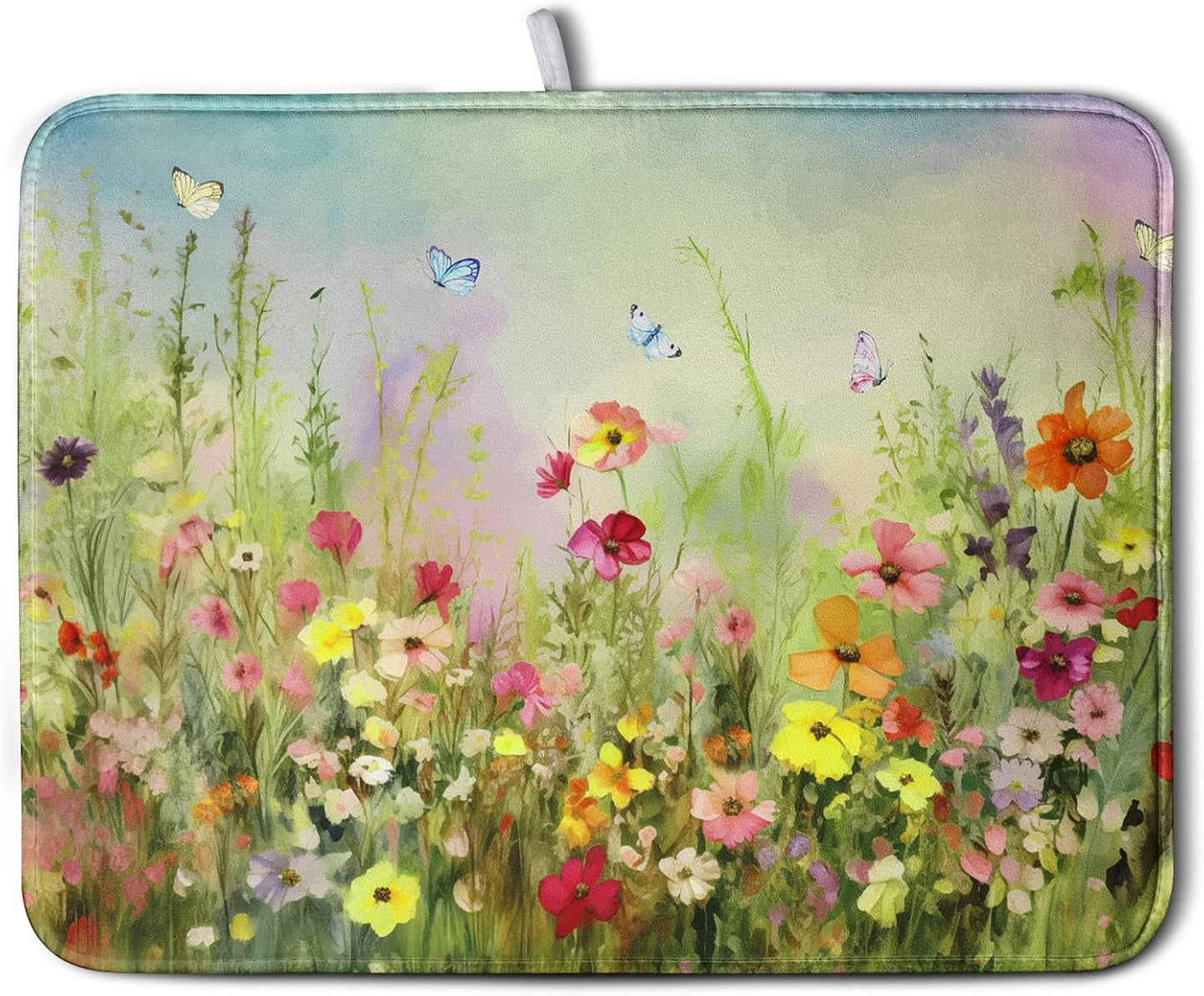Spring Floral Dish Drying Mat for Kitchen Counter 18x24 Inch Sage Green Wild Flowers Drying Mats Spring Summer Plant Microfiber Absorbent Large Dish Rack Pad for Coffee Bar Sinks Home Accessories