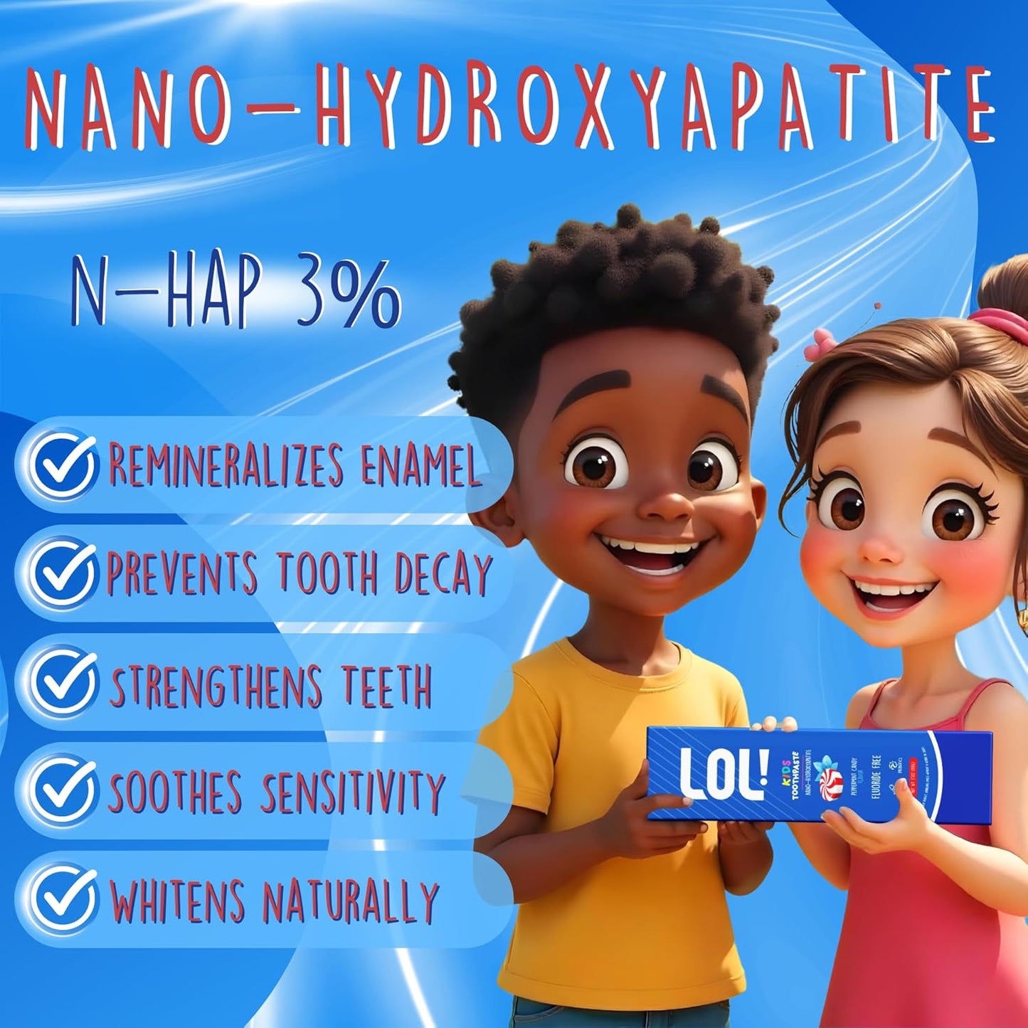 LOL Kid Toothpaste Fluoride Free, Nano Hydroxyapatite Toothpaste Kids, Probiotics & Xylitol Tooth Paste Kids | Remineralizing | Natural | Plant-Based Foam | Pasta De Dientes para Niños (Peppermint)