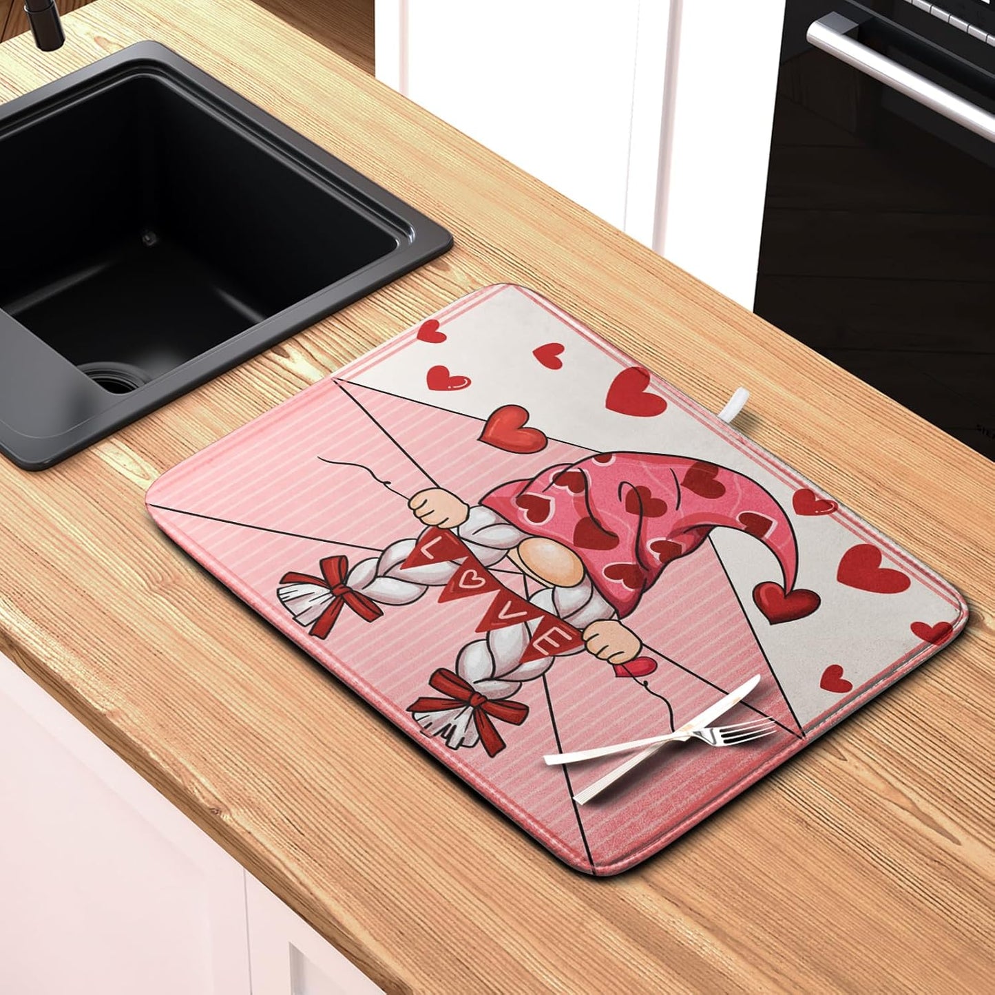 Valentine's Day Love Letter Dish Drying Mat for Kitchen Counter, Love Letter Gnome Absorbent Dish Pad Large Dish Drainer Mats for Countertop 18x24 Inch