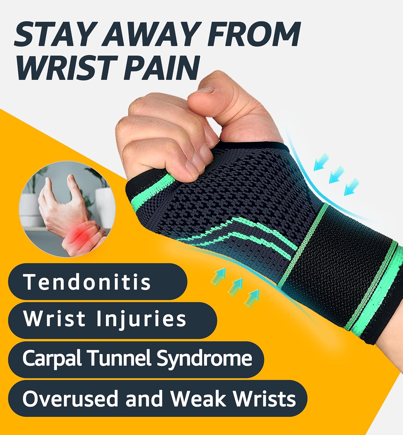 HiRui 2-Pack Wrist Brace Wrist Wraps, Hand Compression Sleeves with Wrist Straps Support for Fitness Weightlifting MTB Tendonitis Carpal Tunnel Arthritis Pain Relief (Green, X-Large)