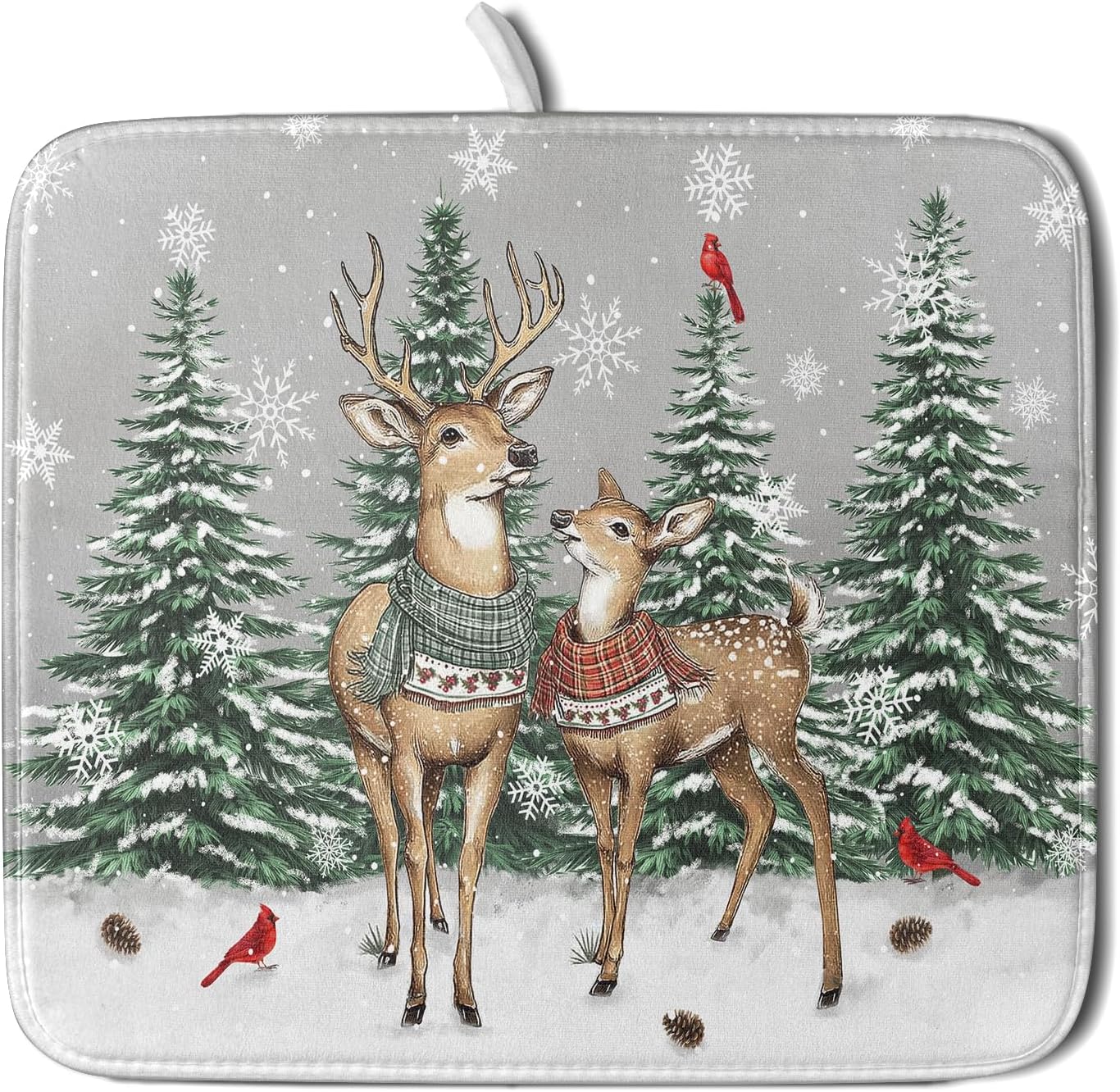Winter Deer Dish Drying Mat Pine Tree Absorbent Dish Dry Pad Seasonal Microfiber Dish Drainer Mats for Kitchen Counter Coffee Bar 16x18 in
