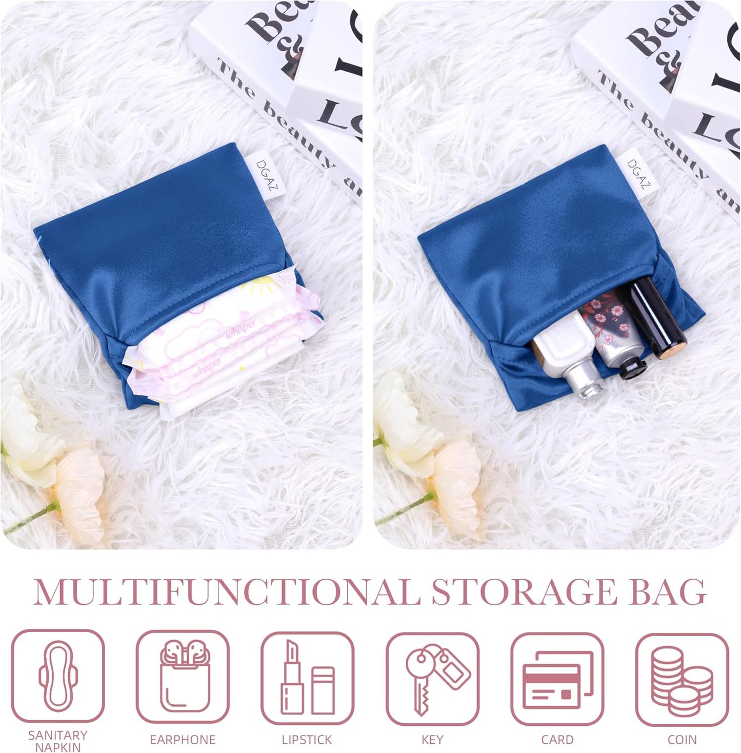 DGAZ Silk Sanitary Napkin Storage Bag, Period Bags for Teen Aged Girls, Portable for Panty Liners/Menstrual Cup/Small Tampons，Mini Makeup Bags for Purse(Blue Jean)