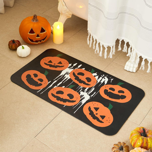 Halloween Bath Mat, Thin Halloween Bathroom Rug Non-Slip Quick Dry Pumpkin Bath Mat Fits Under Door Thin Floor Mat Halloween Decor, 17’’x30‘’, Pumpkins Black