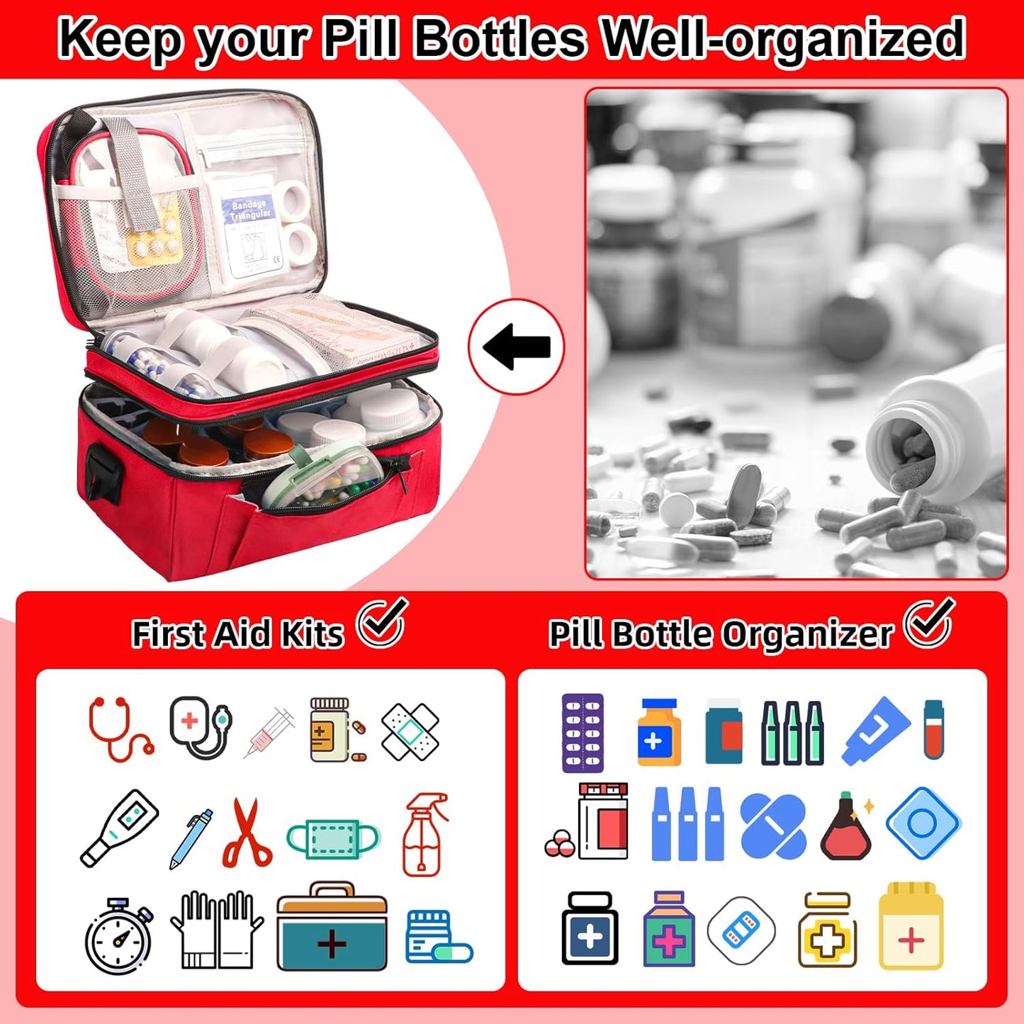Medicine Bag for Traveling with Portable Small Pouch, Double Layer Pill Bottle Organizer Storage Case with Lockable Zippers, Carrying Medication Travel Case with Shoulder Strap (Bag ONLY), Red