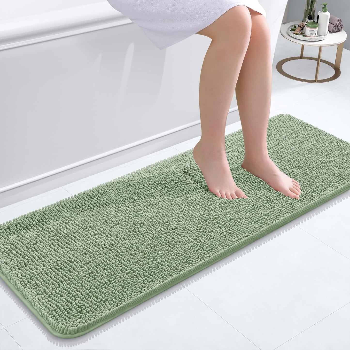 OLANLY Bathroom Rugs 47x17, Extra Soft Absorbent Chenille Bath Rugs, Rubber Backing Quick Dry, Machine Washable Bath Mats for Bathroom Floor, Tub and Shower, Home Decor Accessories, Sage Green