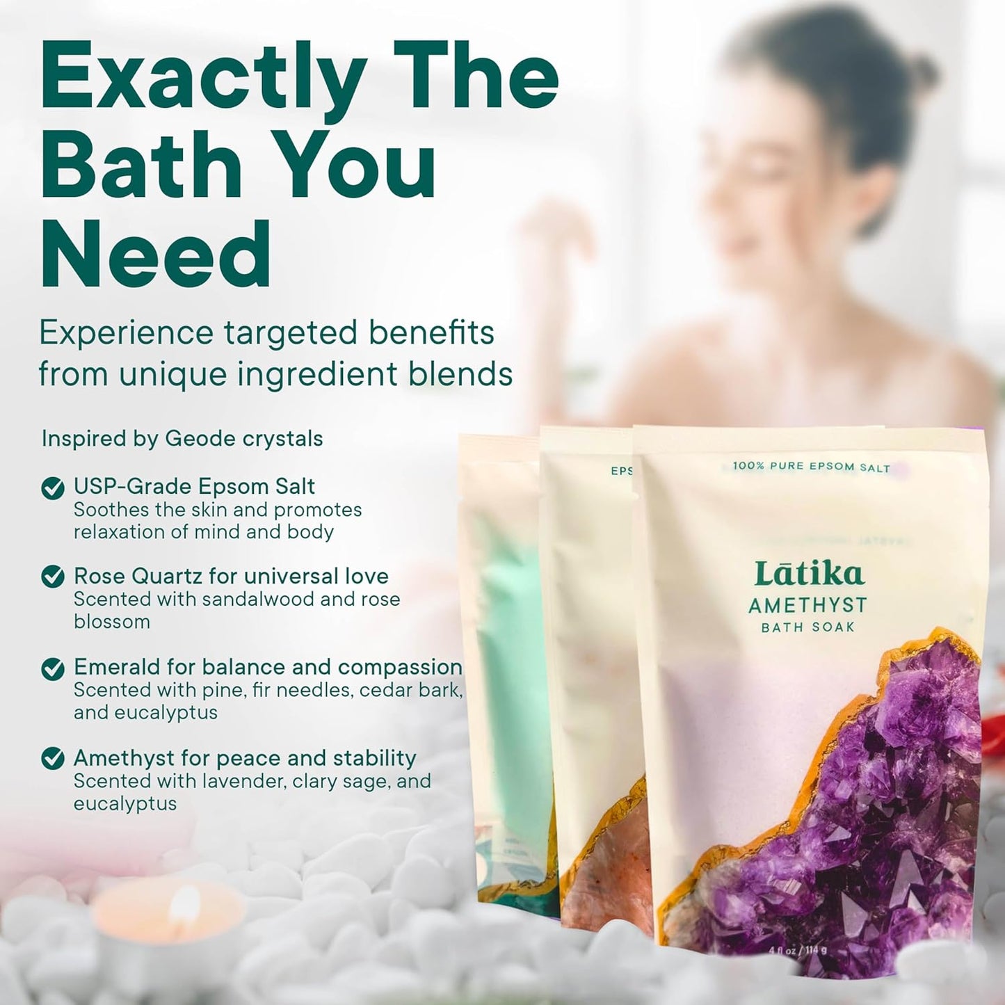 Geode-Inspired Bath Soak Set of 3 - Amethyst, Rose Quartz & Emerald with Essential Oils & Epsom Salt - Sandalwood, Lavender, Sage & Eucalyptus for Stress Relief, Muscle Recovery & Skin Care