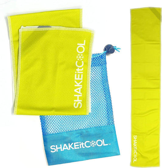 SHAKEitCOOL Original Cooling Towel – Be Cool in Style - Heat Relief, Soft, Lightweight, Sun Protection, Easy Clean - Perfect for Biking, Running, Yoga, Gym, Gardening - Safety Yellow