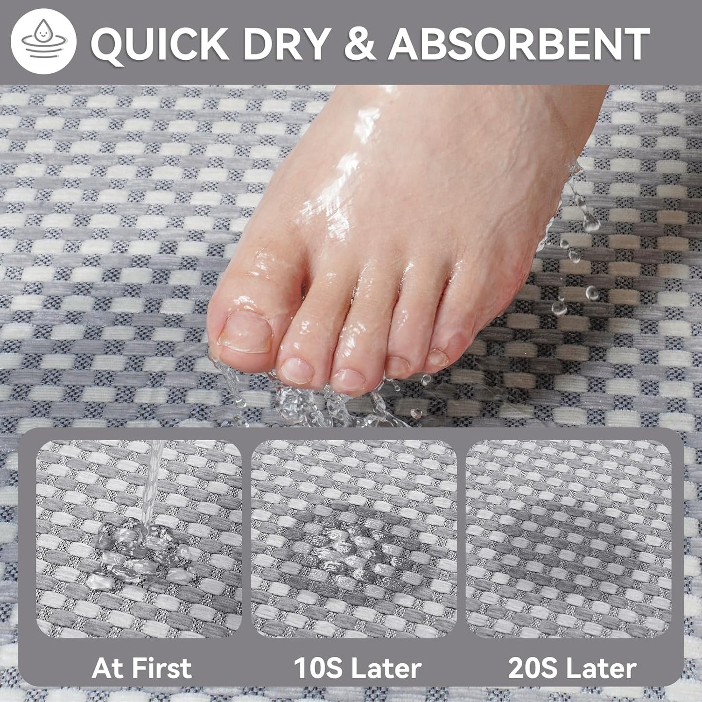 Bath Mat Bathroom Rugs Non Slip Washable, Soft Braided Ultra Thin Bath Mat, Super Absorbent Quick Dry Bath Rug Shower Mat, Rubber Backing, Fit Under Door Bathroom Floor Tub, Gray 20" x 31"