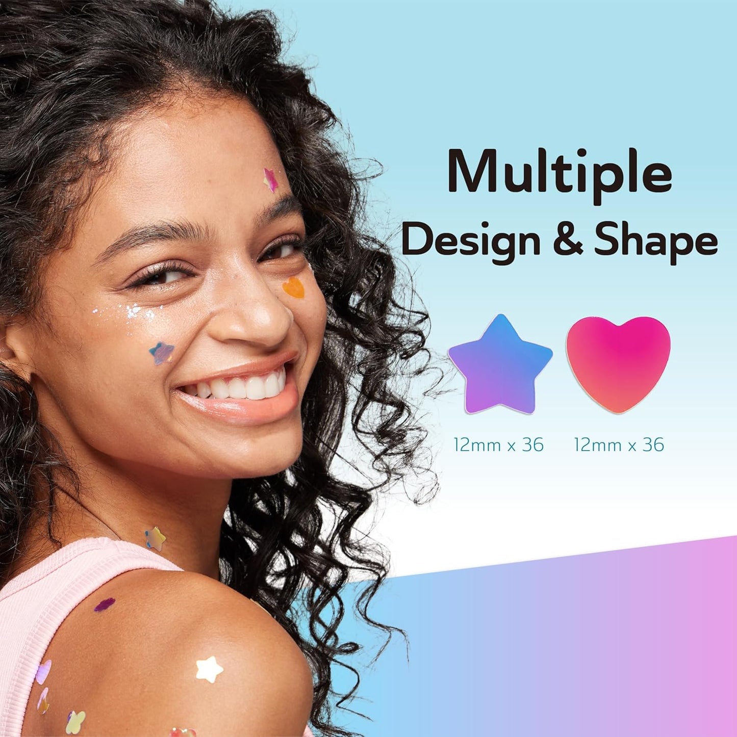 Star Pimple Patches for Face, Cute Acne Patches with Salicylic Acid, CICA & Tea Tree Oil, 96 Holographic Star Moon Heart Butterfly Patches, 7X Absorbency Pimple Patches for Teens (2 Designs, 36 Each)