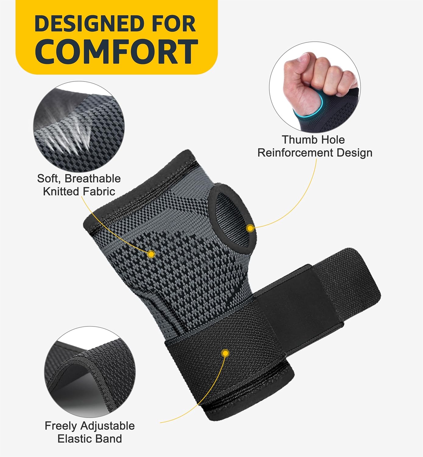 HiRui 2-Pack Wrist Brace Wrist Wraps, Hand Compression Sleeves with Wrist Straps Support for Fitness Weightlifting MTB Tendonitis Carpal Tunnel Arthritis Pain Relief (Black, X-Large)