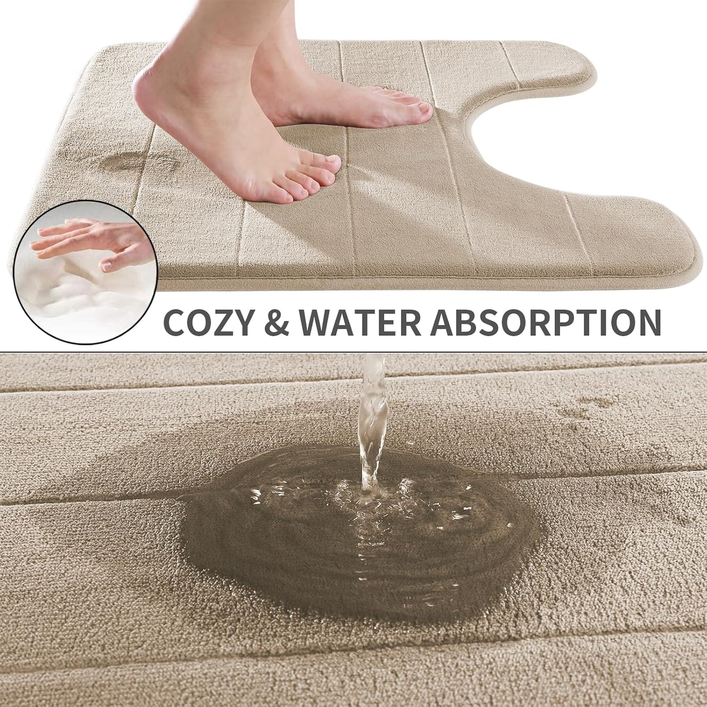 Yimobra Memory Foam Toilet Bath Mat U-Shaped, Soft and Comfortable, Super Water Absorption, Non-Slip, Thick, Machine Wash and Easier to Dry for Bathroom Commode Contour Rug, 24 X 24 Inches, Beige