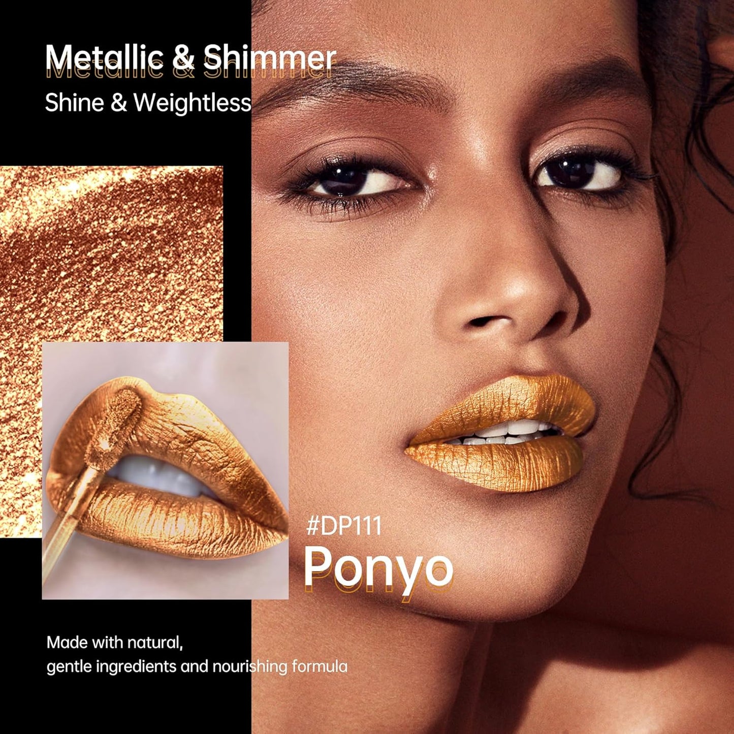 Gold Lipsticks for Women Metallic Lipstick Long Lasting Non Stick Cup Lip Gloss, Shimmer Lightweight Hydrating Full Coverage Lip Color,DP111 Ponyo