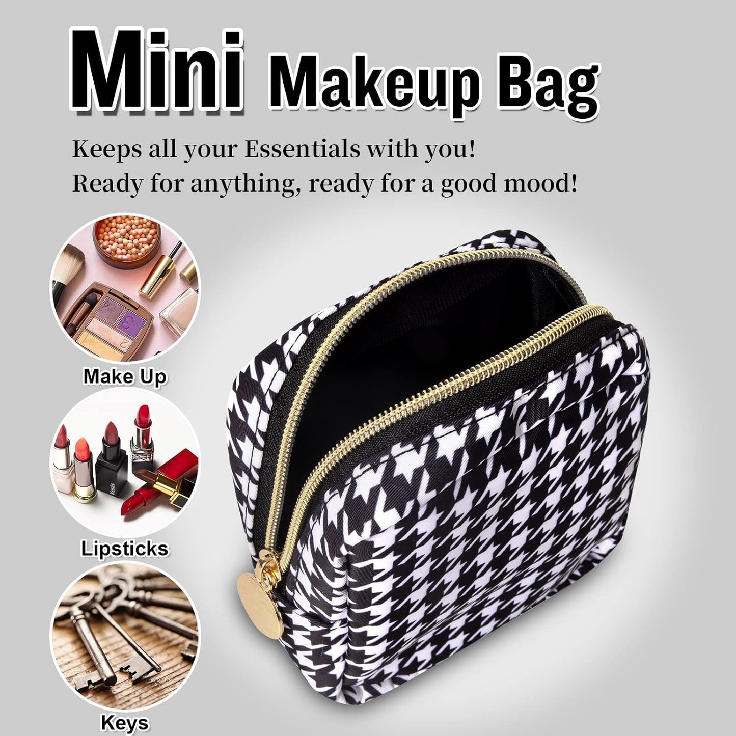 Nylon Mini Makeup Bag for Purse, Small Cute Makeup Bag Preppy Cosmetic Zipper Pouch Purse, Waterproof Travel Coin Pouch Sanitary Napkin Storage Bag Makeup Organizer for Women Girls(Black Houndstooth)