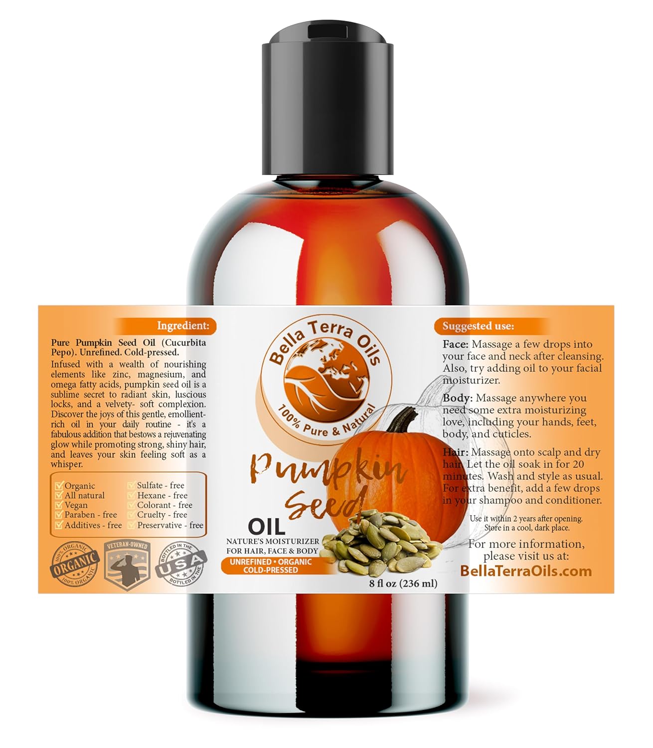 Bella Terra Oils Pumpkin Seed Oil 8oz - Organic, Cold-Pressed, Rich in Omega-9 & Essential Nutrients