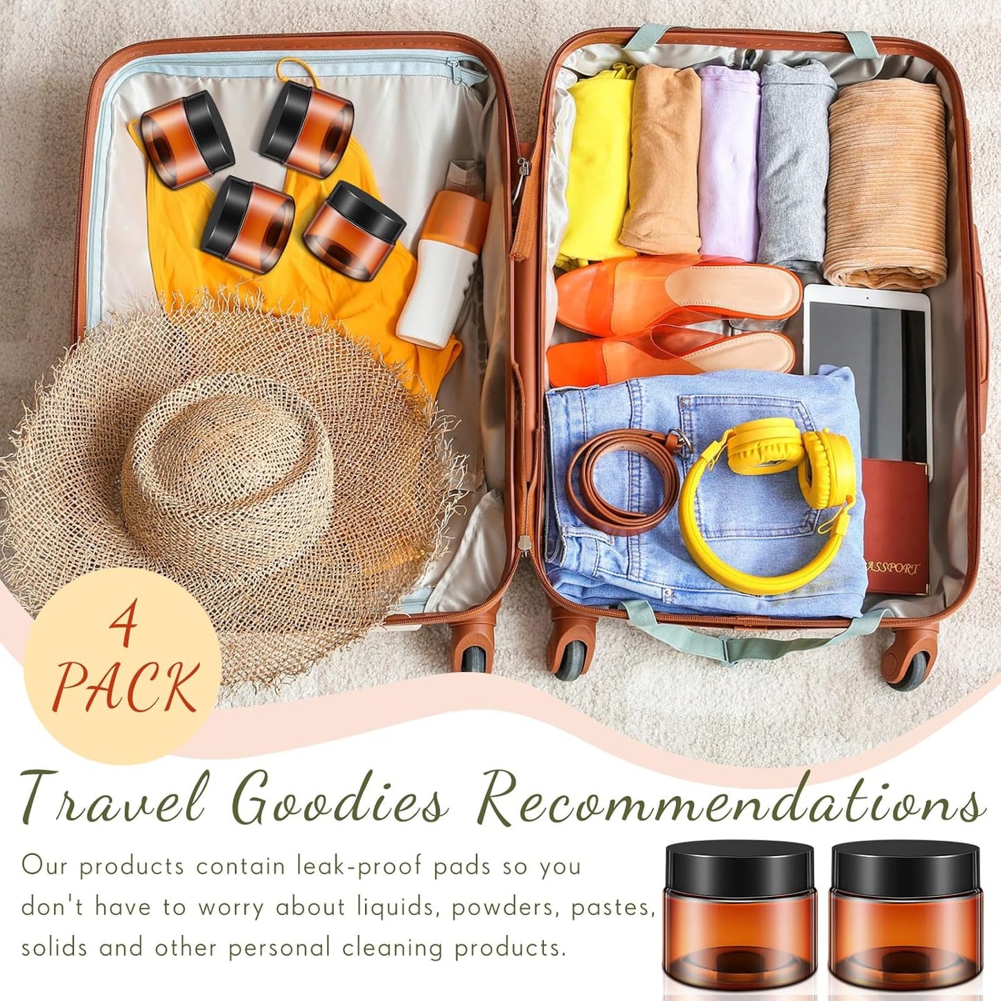 SATINIOR 24 Pieces Empty Clear Plastic Jars with Lids Round Storage Containers Wide Mouth for Beauty Product Cosmetic Cream Lotion Liquid Butter Craft and Food(Amber Lid,4 oz)