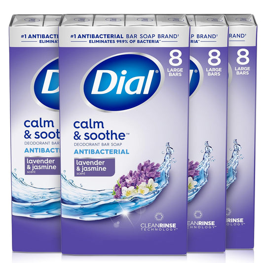Dial Antibacterial Bar Soap, Calm & Soothe, Lavender & Jasmine Scent, 4 oz, 8 Bars Pack of 4