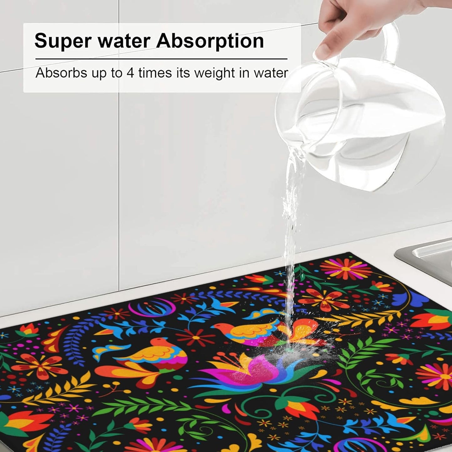 Mexican Flower Microfiber Dish Drying Mat for Kitchen Counter Mexican Dishes Pad Black Dish Drainer Rack Mats 18"x24" Absorbent Washable Reusable