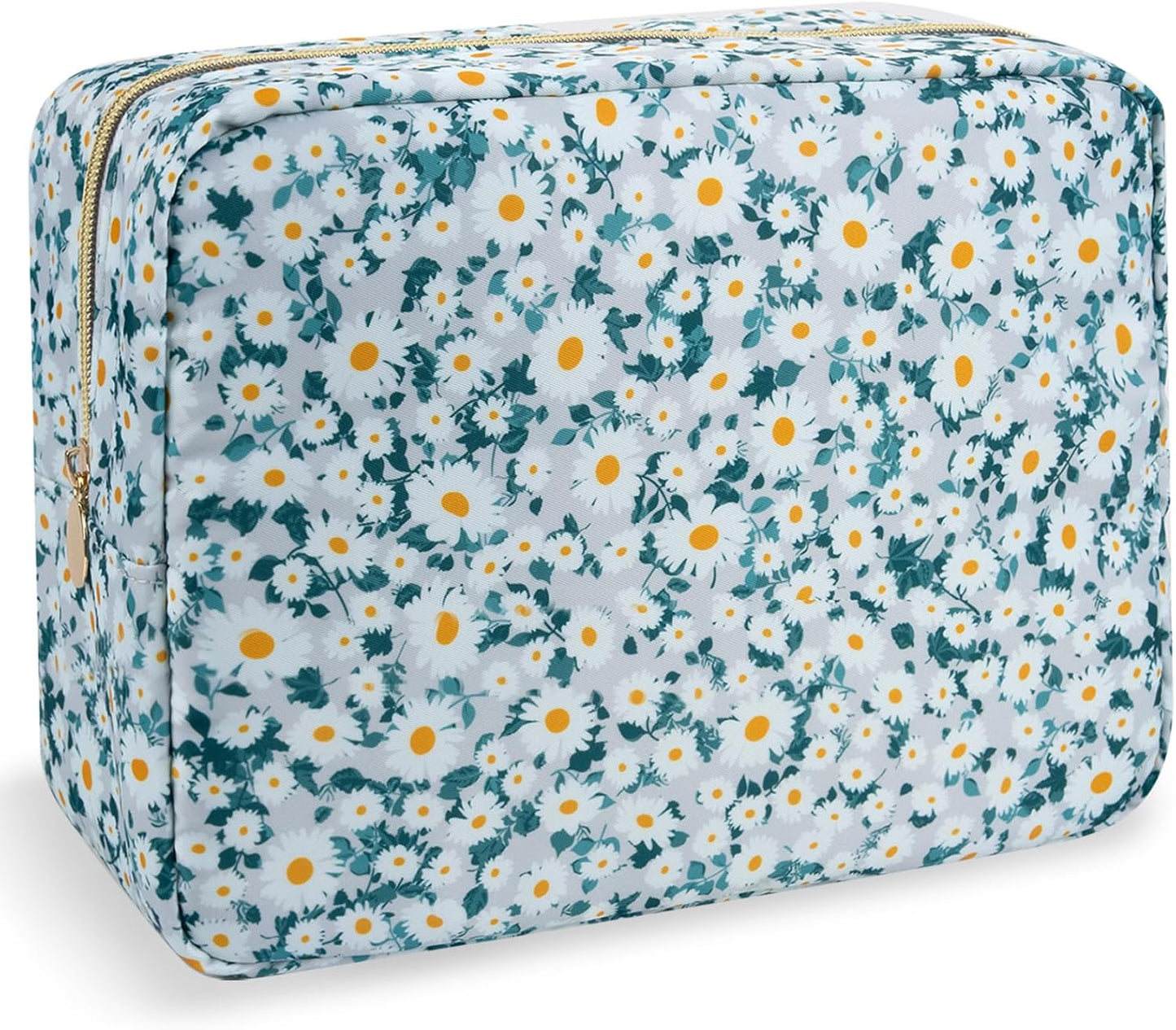 Nylon Large Floral Makeup Organizer Bag, Preppy Big Cute Flower Cosmetic Zipper Pouch Multi-compartment with Dividers, Waterproof Toiletry Makeup Brushes Bag Travel Essentials for Women(Green-Daisy)