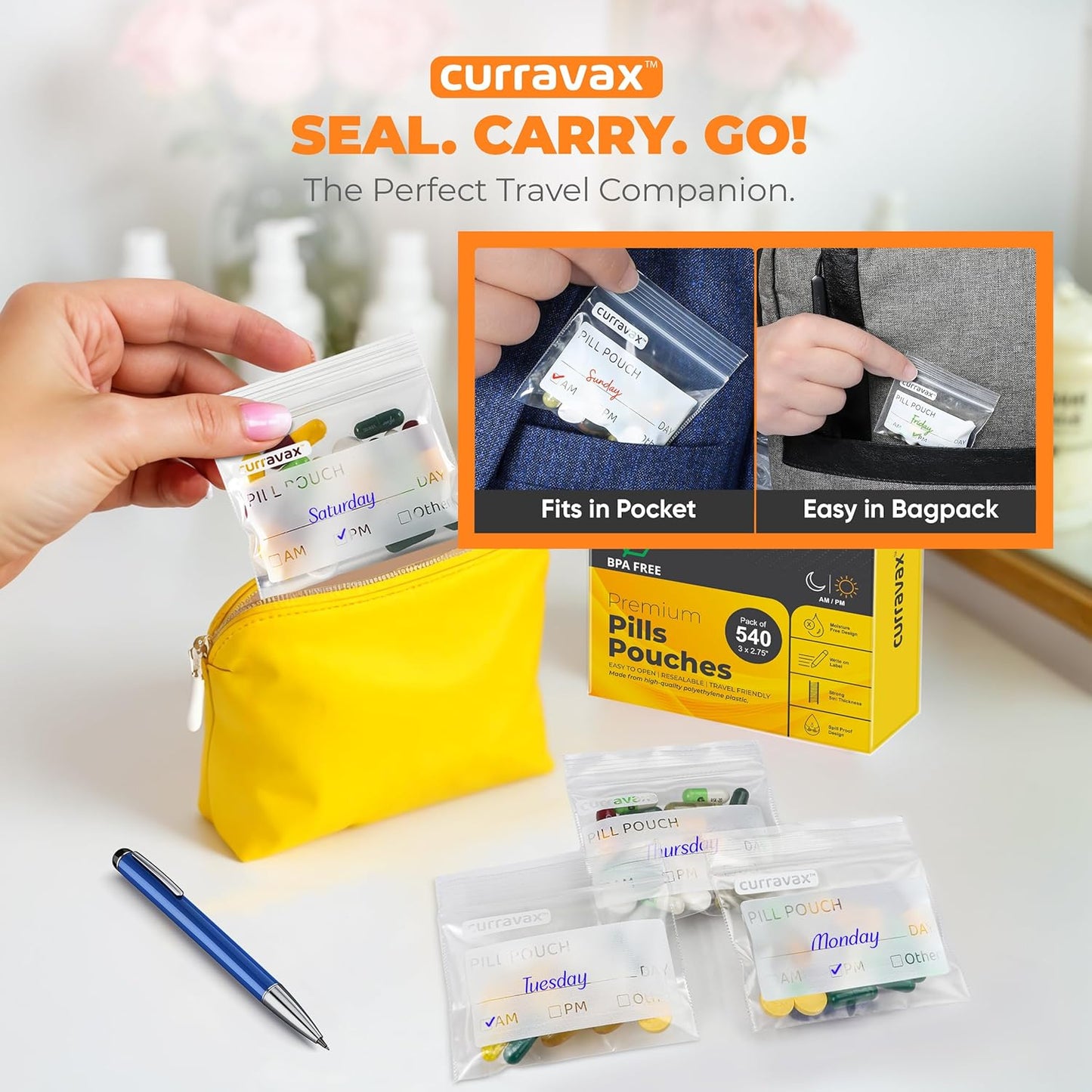 Pill Pouch Bags for Travel Pack of 400 - BPA Free 3 x 2.75 inch Pill Pouch - Pill Pouches for Medicine with Write on Label –Clear Ziplock Pill Baggies for Travel Medicine Organizer