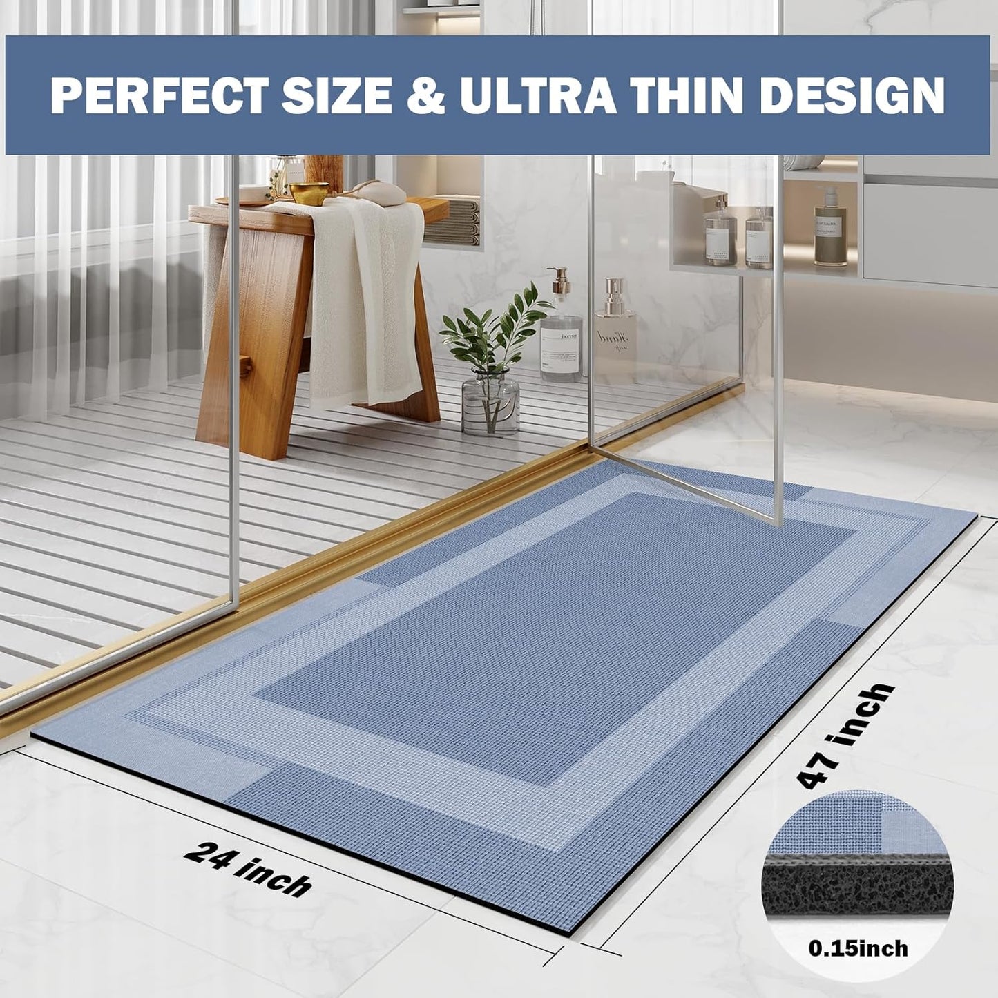 Non Slip Long Bath Mat Bathroom Runner, Rubber Backing Ultra Thin Bathroom Rugs Fit Under Door Quick Dry Super Absorbent Washable Bath Rug Shower Mat for Bathtub Sink Floor, Blue 24"x48"