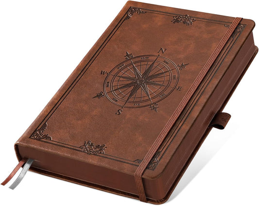 AHGXG Thick Journal Dotted Notebook for Men - 320 Numbered Pages A5 Notebook for Writing, 100gsm Dot Paper, Vintage Leather Hardcover, for Women Work Office School, 5.75'' X 8.38''- Brown