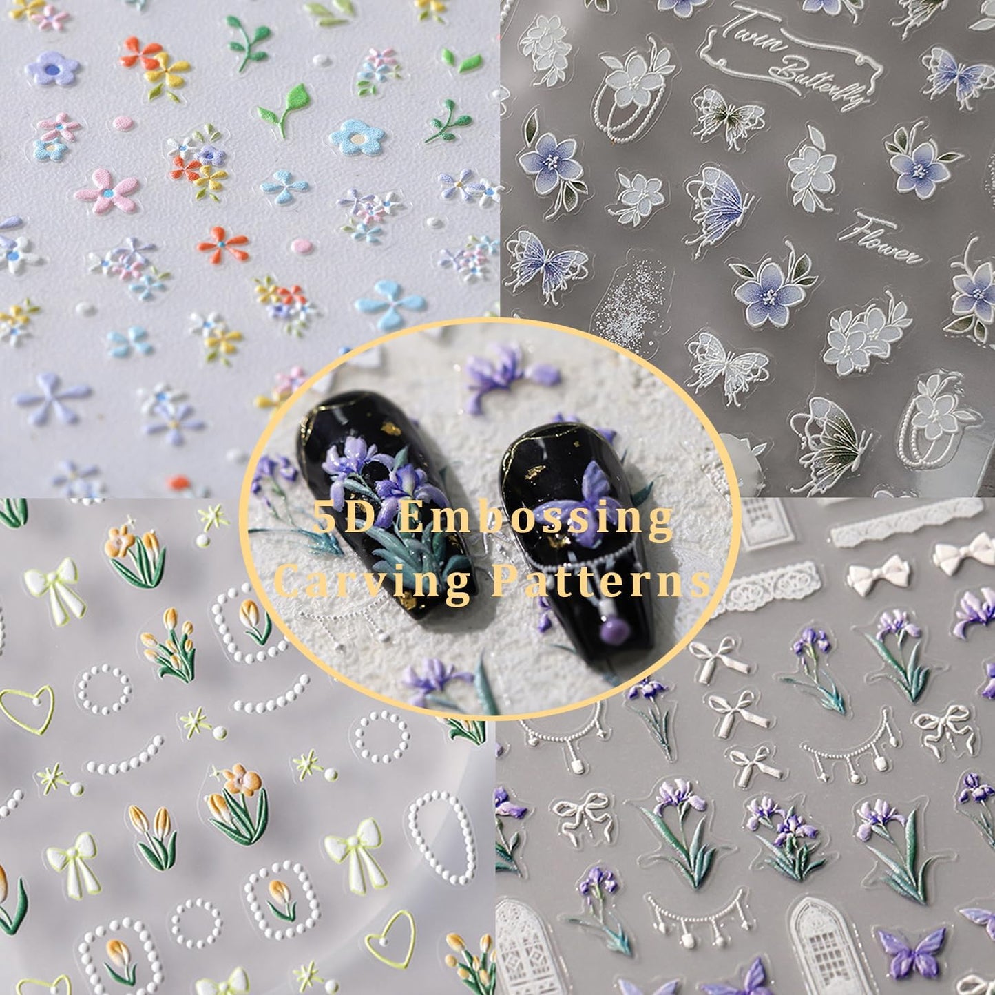 5D Embossed Flower Nail Stickers for Nail Art Floral Nail Art Stickers Self-Adhesive Nail Decals for Women Nail Supplies Design Sticker(1, Flower)