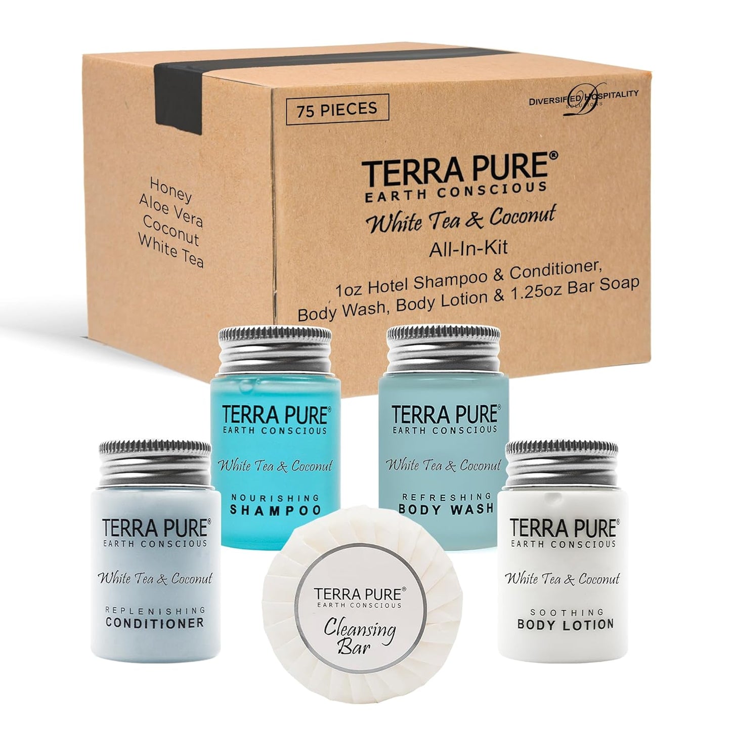 Terra Pure White Tea & Coconut Hotel Size Toiletries Set | 1-Shoppe All-In-Kit | 1 oz. Liquids and 1.25 oz. Bar Soap | Amenities For Hotels, Airbnb & Rentals | (75 pieces)