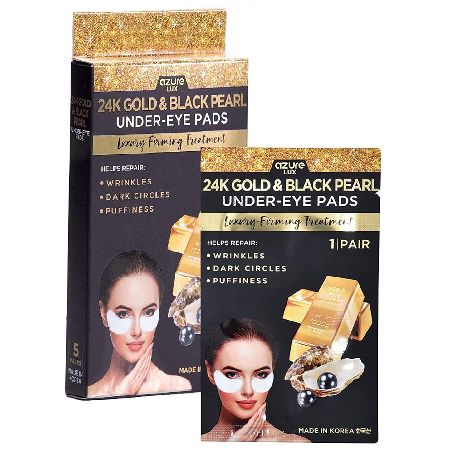 AZURE 24K Gold & Black Pearl Luxury Firming Under Eye Pads - Moisturizing & Restoring Eye Mask Patches - Reduces Fine Lines, Wrinkles, Dark Circles & Puffiness - Skin Care Made in Korea - 5 Pairs