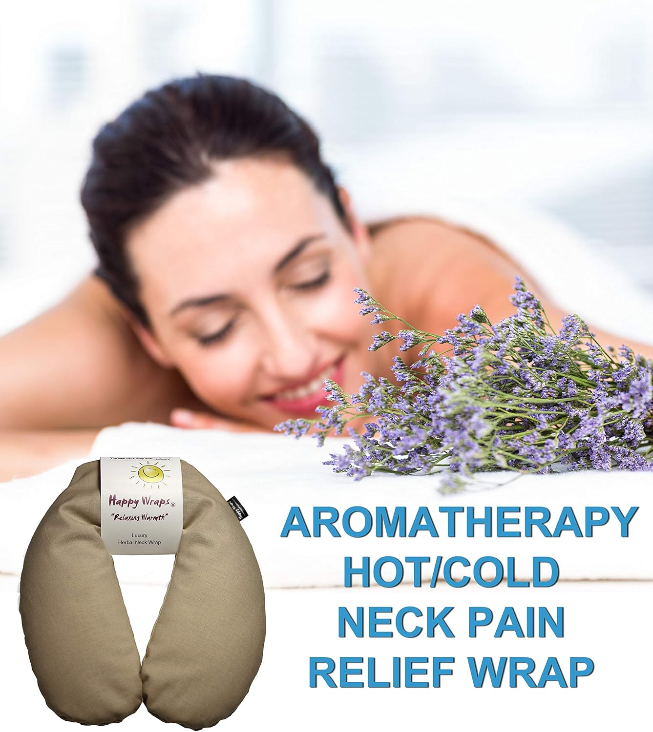 Microwavable Herbal Neck Wrap - Hot Cold Aromatherapy Neck Warming Pillow - Heating Pad for Migraines, Stress, Gifts for Women, Birthdays, Christmas and Free Sleep Mask - Tan Cotton