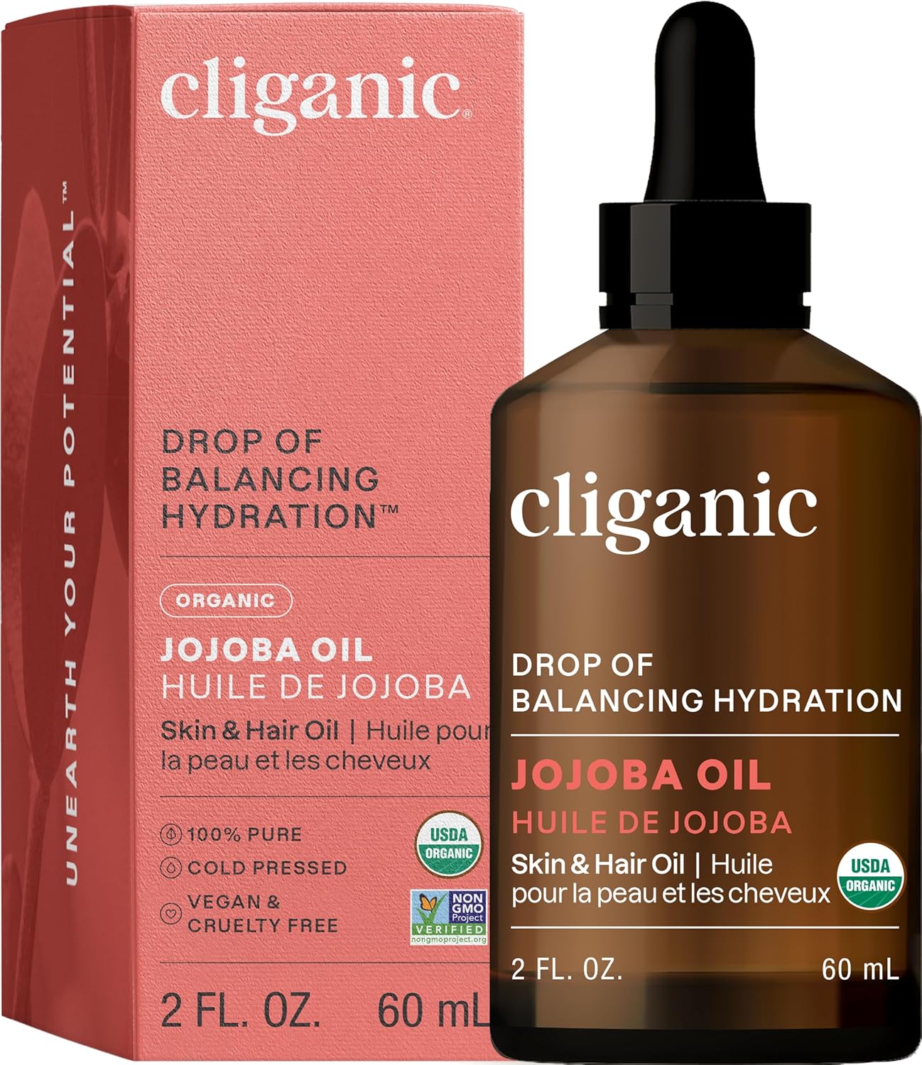 Cliganic Organic Jojoba Oil, 100% Pure (2oz) | Natural Cold Pressed Unrefined Hexane Free Oil for Hair & Face | Base Carrier (Packaging May Vary)