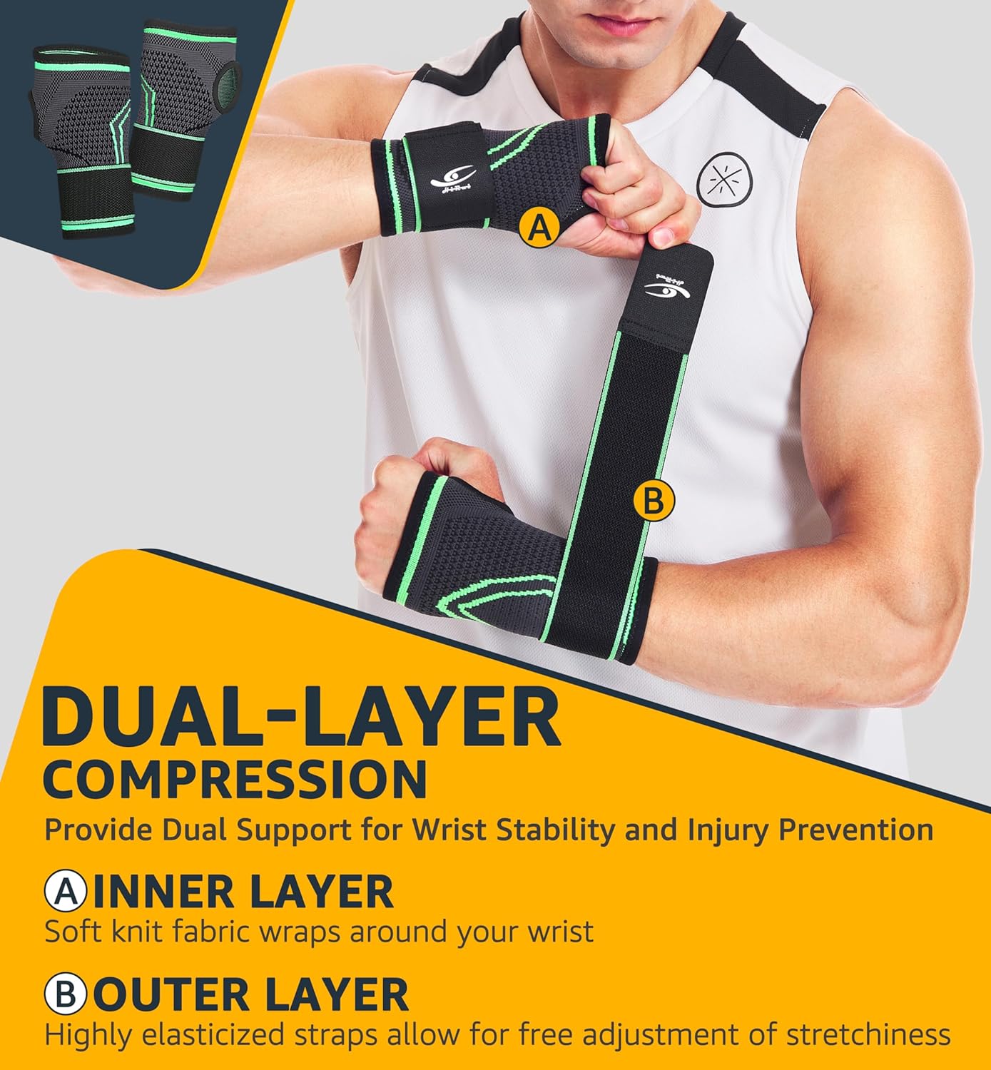 HiRui 2-Pack Wrist Brace Wrist Wraps, Hand Compression Sleeves with Wrist Straps Support for Fitness Weightlifting MTB Tendonitis Carpal Tunnel Arthritis Pain Relief (Green, X-Large)