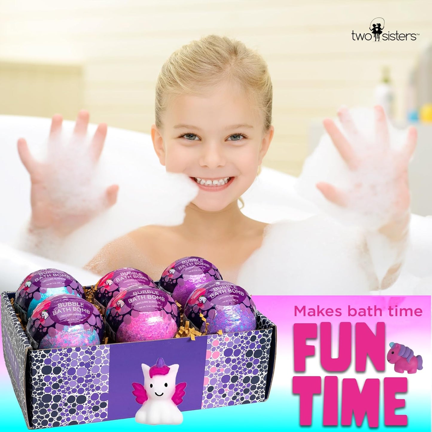 Unicorn Bath Bombs for Girls with Surprise Toys Inside (6 Pack) - Large Bubble Bomb for Kids, Gentle and Safe, Made in USA, Fizzies, Fruity Scents, Won't Stain Tub - Ideal Gift by Two Sisters