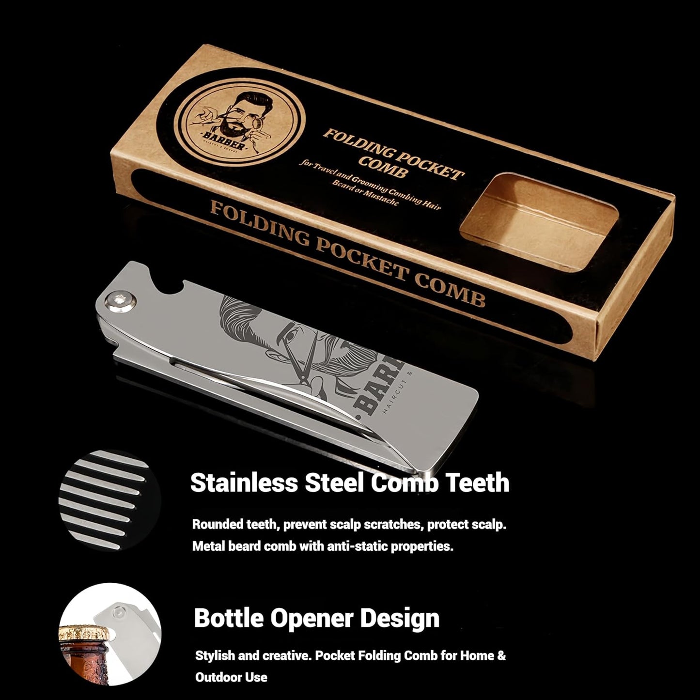 Metal Hair & Beard & Mustache Comb, Multifunctional Folding EDC Pocket Comb With Bottle Opener - Anti-Static for Travel and Everyday Grooming Styling - Silver