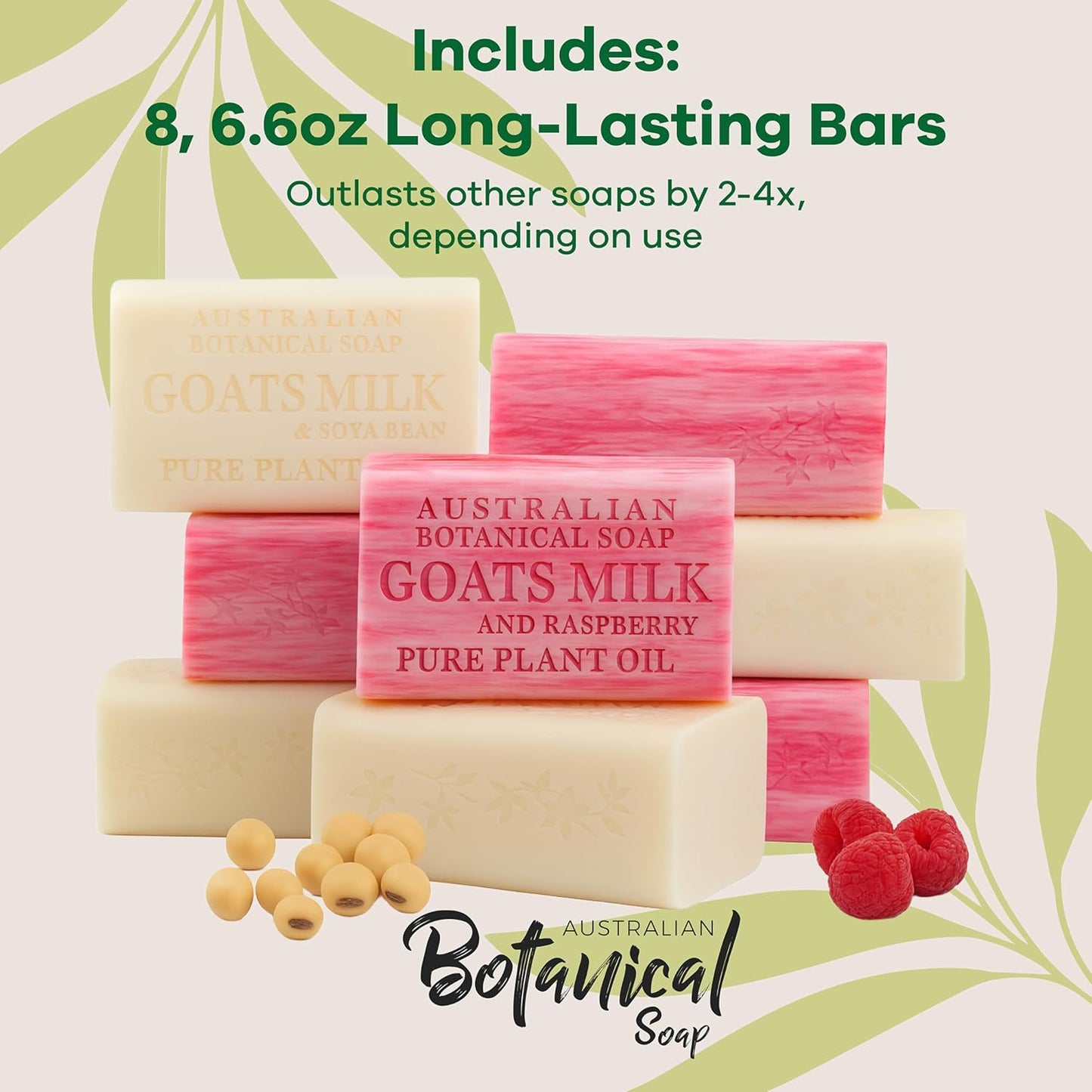 Australian Botanical Soap, Classic Goat Milk and Goat's Milk with Raspberry, 6.6 OZ, Triple Milled Bars made with a Natural Soap Base and Enriched with Organic Shea Butter, Pack of 8