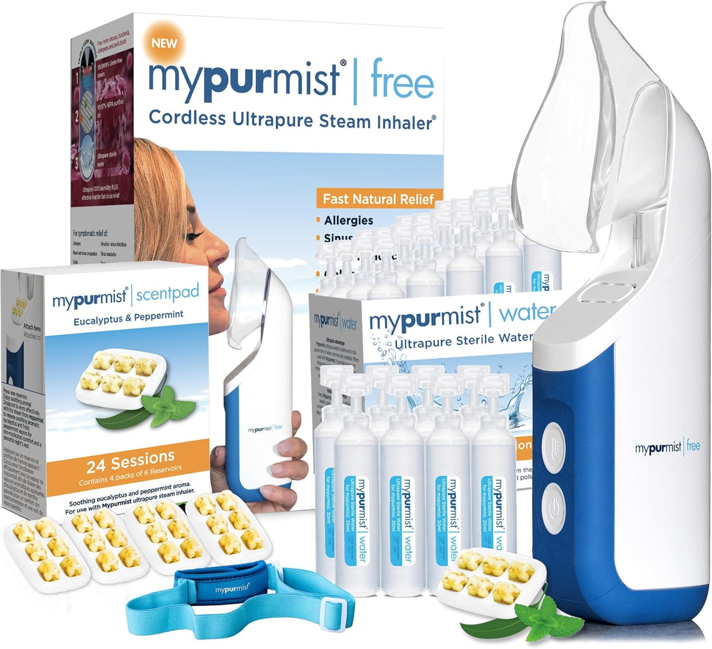 Mypurmist Free Premium Kit – Cordless Ultrapure Steam Inhaler with Water Refills, ScentPad, and Handsfree Strap – Personal Steamer Vaporizer Humidifier for Sinus Relief, Nasal Congestion, Cold